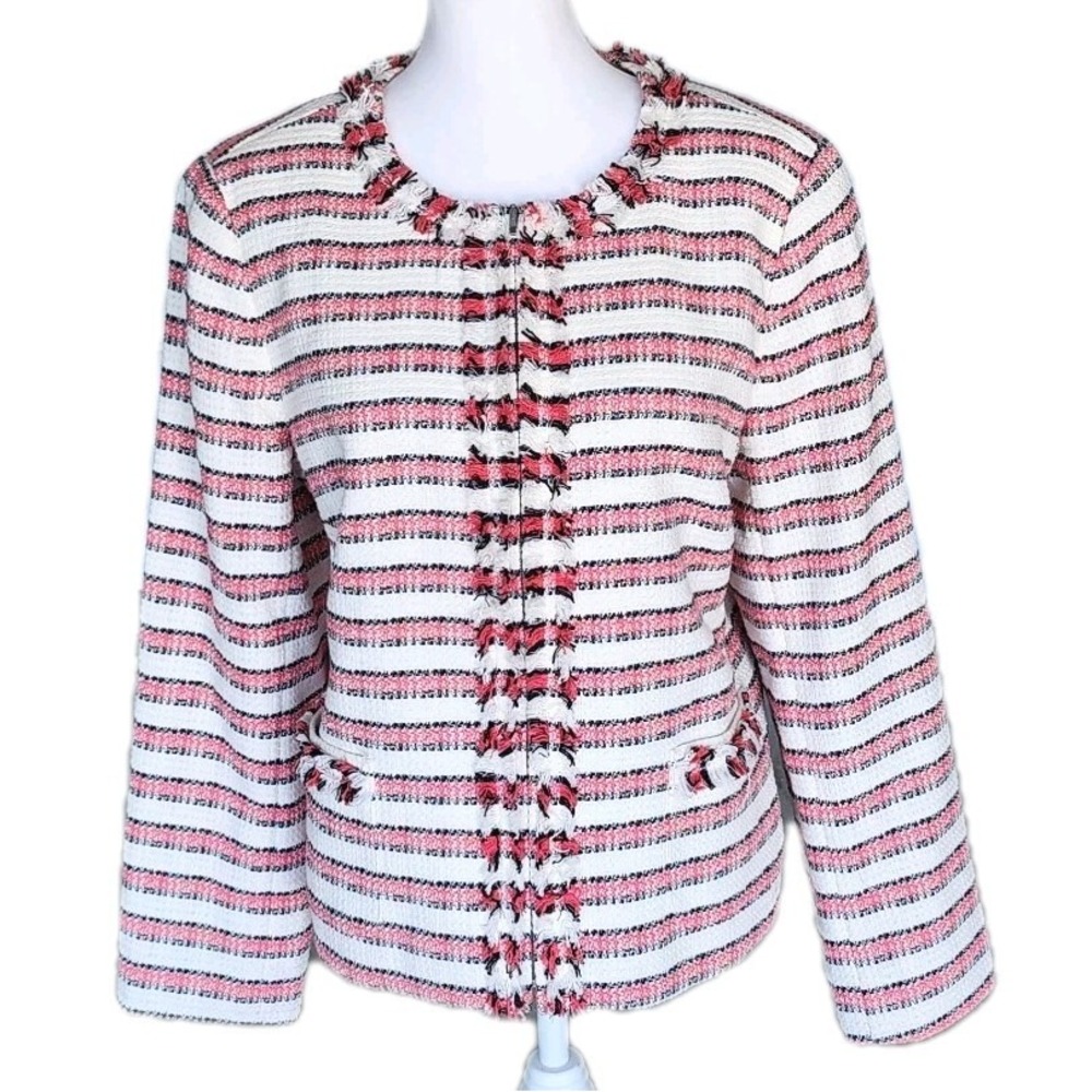 Talbots Jacket Blazer Womens 16 Tweed Pink White Stripe Career Casual Classic